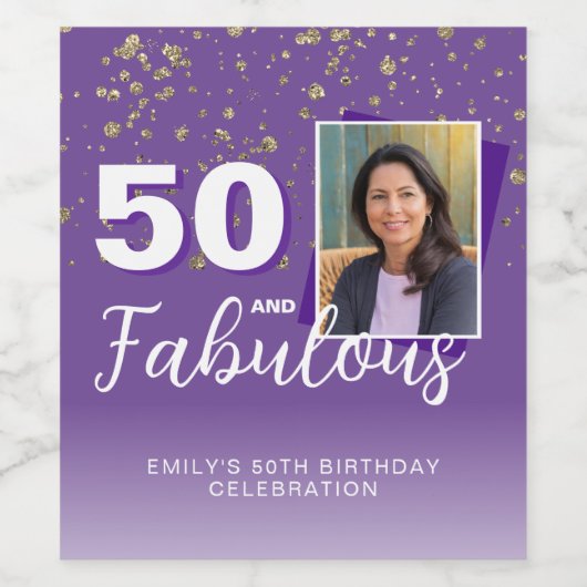 パープル50と素晴らしいグリッター50th誕生日写真 ワインラベル (シングルラベル)