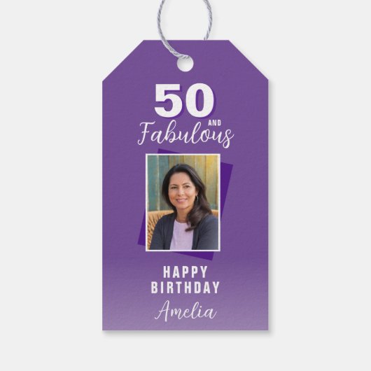 パープル50と素晴らしい50番目の誕生日写真 ギフトタグ (裏面)