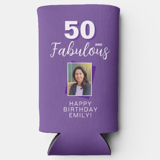 パープル50と素晴らしい50番目の誕生日写真 スリム缶クーラー (正面)
