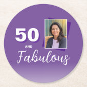 パープル50と素晴らしい50番目の誕生日写真 ラウンドペーパーコースター (正面)