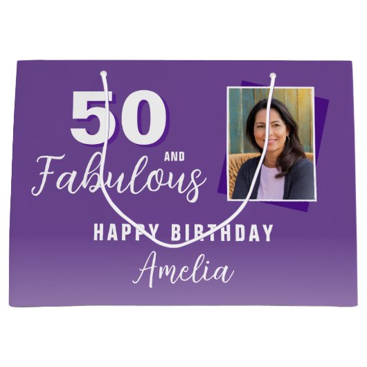 パープル50と素晴らしい50番目の誕生日写真 ラージペーパーバッグ (正面)
