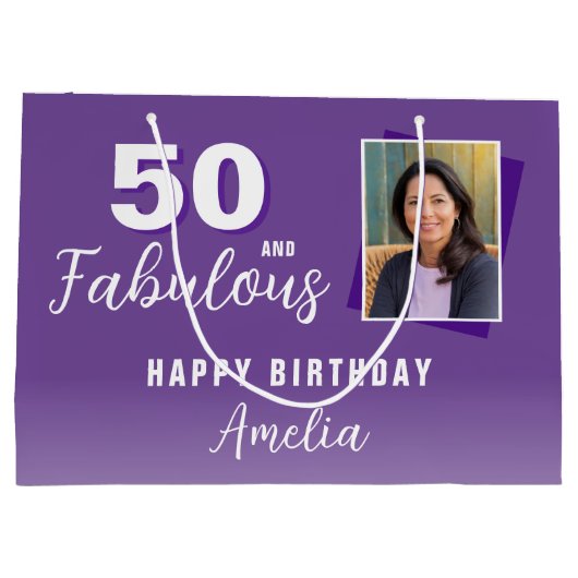パープル50と素晴らしい50番目の誕生日写真 ラージペーパーバッグ (裏面)