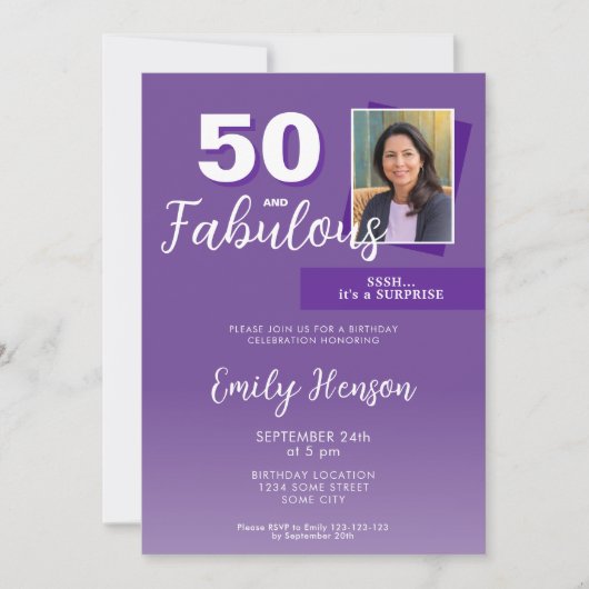 パープル50と素晴らしい50th誕生日パーティーの写真 招待状 (正面)