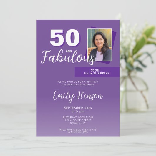 パープル50と素晴らしい50th誕生日パーティーの写真 招待状 (スタンド正面)