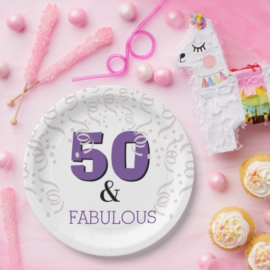パープル50ファヴルー| 50歳の誕生日パーティーおめでとう ペーパープレート (パーティー)