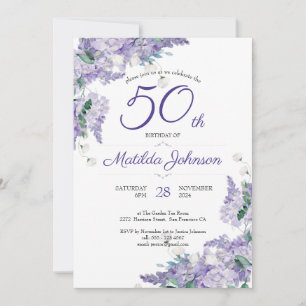パープル50誕生日フローラ藤の水色 招待状