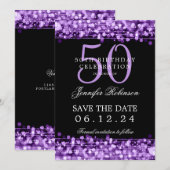 パープル50th誕生日パーティー日付を保存 招待状 (正面/裏面)