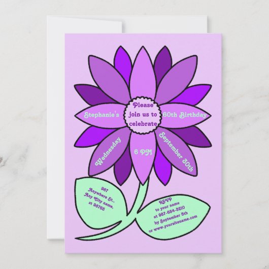 パープル60誕生日シンプルパープルサンフラワー 招待状 (正面)