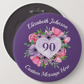 パープル90パーソナライズされた誕生日ボタン 缶バッジ (正面&裏面)