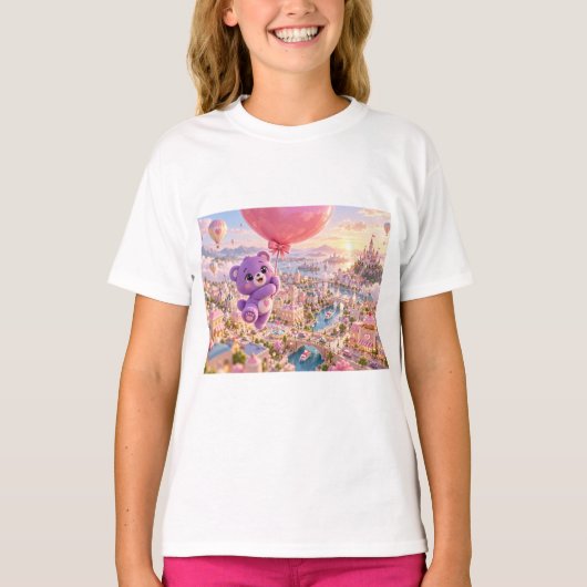 パープル かわいい クマ 都市 Tシャツ (正面)