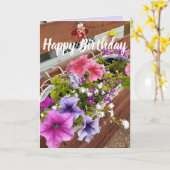 パープル&かわいらしピンクペチュニアスガーデン誕生日 カード (黄色い花)