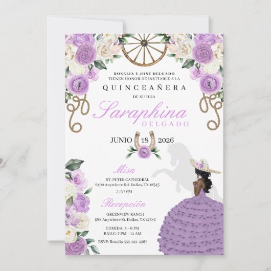 パープル&アイボリーバラズウェスタン女性のカーボーイキンセアニラ 招待状 (正面)