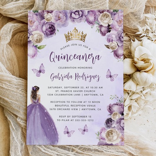 パープル アイボリー ゴールド フラワーズ ウォーターカラー キンセアニエラ 招待状