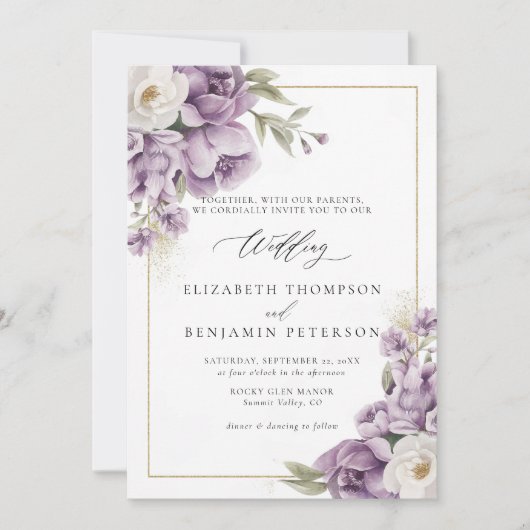 パープル アイボリー ゴールド フローラル フレーム エレガント ウェディング 招待状 (正面)