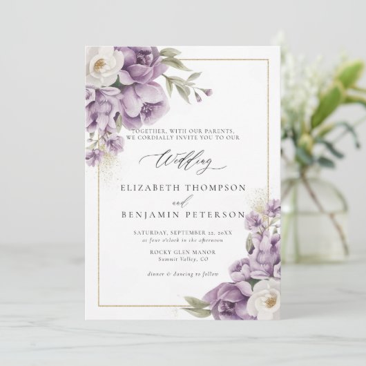 パープル アイボリー ゴールド フローラル フレーム エレガント ウェディング 招待状 (スタンド正面)