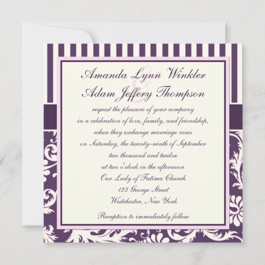 パープル、アイボリー、ピンクダストライプのマスコウェディング招待状 招待状 (裏面)