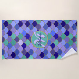 パープル&アクアティール（緑がかった色）マーメイドはかりで測名+モノグラム ビーチタオル