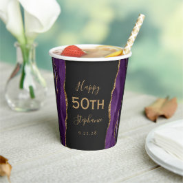 パープル アゲート ゴールド グリッター ダーク 50歳 誕生日 紙コップ