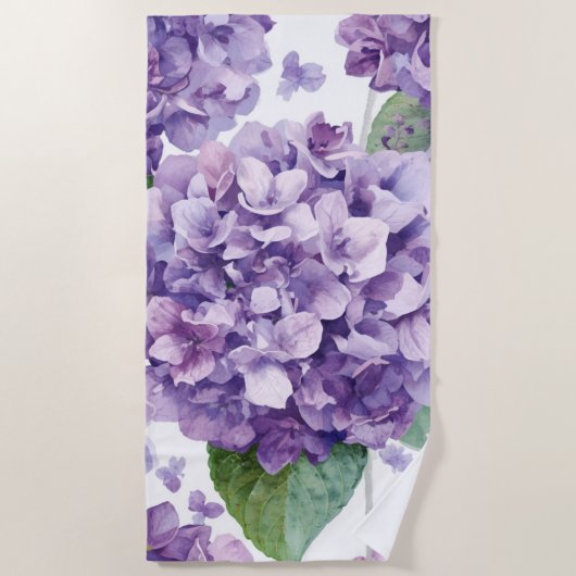パープル アジサイ 水彩 花 ラベンダー 開花 ビーチタオル (正面)