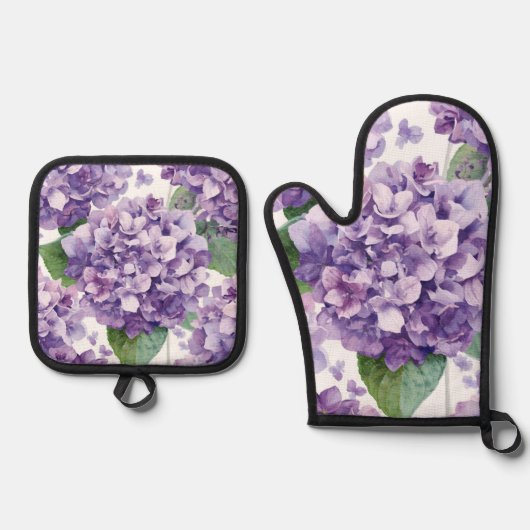 パープル アジサイ 水彩 花 ラベンダー 開花 鍋つかみ&鍋敷きセット (正面)