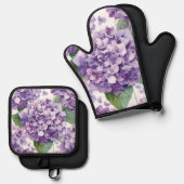 パープル アジサイ 水彩 花 ラベンダー 開花 鍋つかみ&鍋敷きセット (正面/裏面)