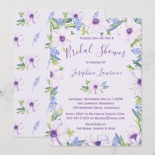 パープル アネモネ ヒヤシンス 春 ブライダル シャワー 招待状 (正面/裏面)