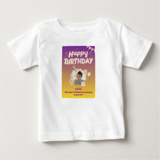 パープル&イエローのハッピーバースデー 赤ちゃん 名前Tシャツ ベビーTシャツ