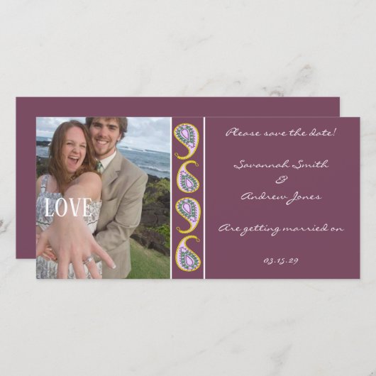 パープル&イエローのペイズリー柄でSave the Date あなたの写真 セーブザデート (正面/裏面)
