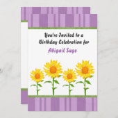 パープル&イエローサンフラワー誕生日招待状 招待状 (正面/裏面)