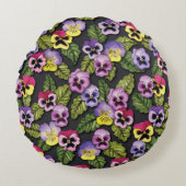 パープル&イエローパンジーフローララウンドピロー ラウンドクッション (正面)