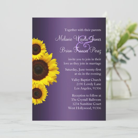 パープル&イエローヒマワリー結婚式招待状 招待状 (スタンド正面)
