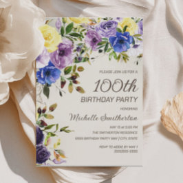 パープル+イエロー+水彩画フラワーの100歳の誕生日 招待状