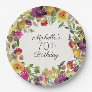 パープル+イエロー+水彩画フラワーモチーフ 70歳の誕生日  ペーパープレート