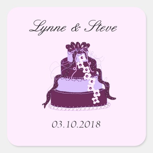 パープル ウェディングケーキの結婚式延期日通知 スクエアシール (正面)