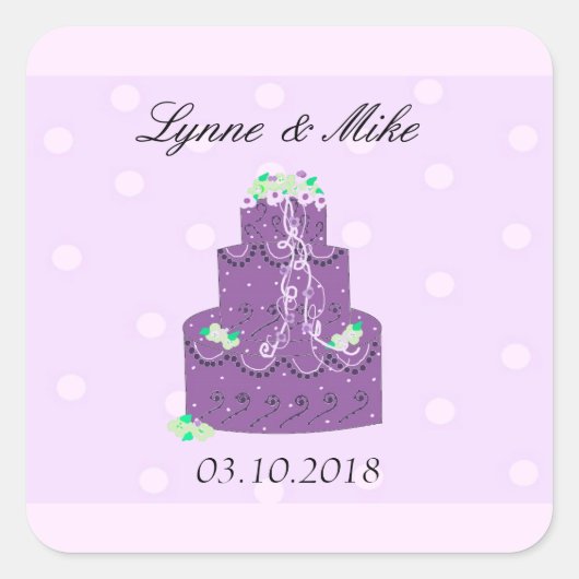 パープル ウェディングケーキの結婚式延期日通知 スクエアシール (正面)