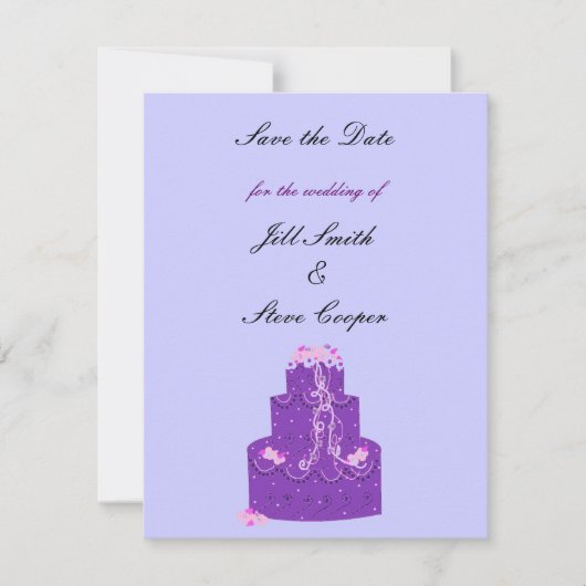 パープル ウェディングケーキの結婚式延期日通知 セーブザデート (正面)