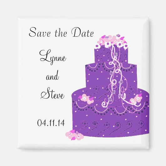 パープル ウェディングケーキの結婚式延期日通知 マグネット (正面)