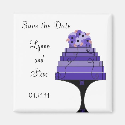 パープル ウェディングケーキの結婚式延期日通知 マグネット (正面)