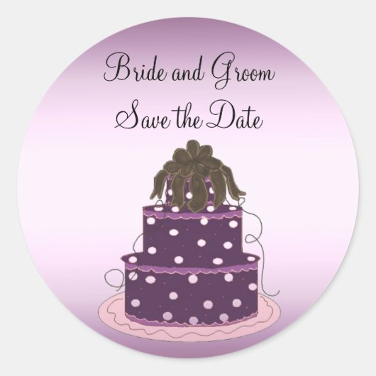パープル ウェディングケーキの結婚式延期日通知 ラウンドシール (正面)