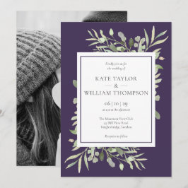 パープル ウォーターカラー グリーン 葉の写真 ウェディング 招待状