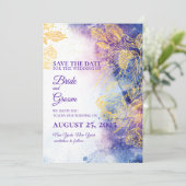 パープル・ウォーターカラー&ゴールド・フラワー・セーブ・ザ・デート・カード 招待状 (スタンド正面)
