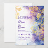 パープル・ウォーターカラー&ゴールド・フラワー・セーブ・ザ・デート・カード 招待状 (正面/裏面)