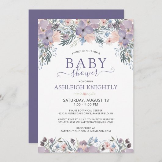 パープル ウォーターカラー フローラル ベイビー シャワー 招待状 (正面/裏面)