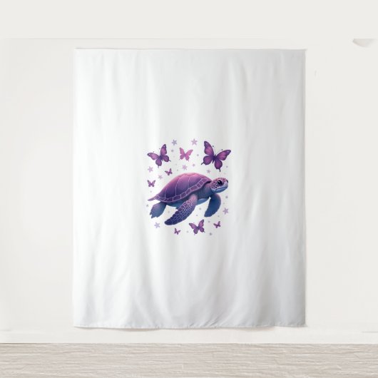 パープル - ウミガメ 蝶々 Tシャツ タペストリー (正面)