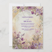パープル ウルトラ バイオレット フローラル ゴールド ウェディング 招待状 (正面)
