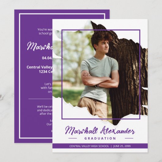パープル エッジー アブストラクト ティアード フォト 卒業 招待状 (正面/裏面)