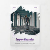 パープル エッジー アブストラクト ブラシストローク フォト 卒業 三つ折り招待状 (カバー)