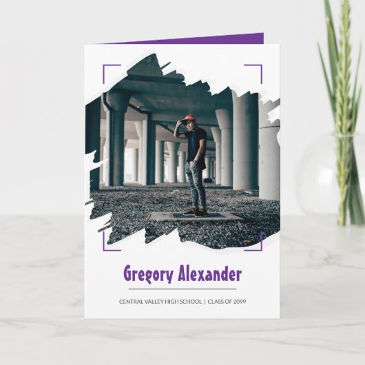 パープル エッジー アブストラクト ブラシストローク フォト 卒業 招待状 (正面)