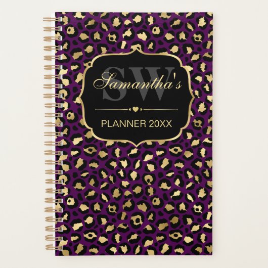 パープル&エレガントゴールドフォイルヒョウのスポットモノグラム プランナー手帳 (正面)