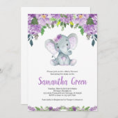 パープル エレファント ベビー シャワー 招待状 (正面/裏面)